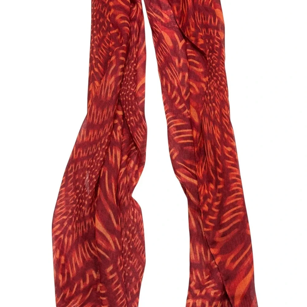 Calvin Klein Lightweight Scarf Red Orange Pattern Fringe Hem Gold Logo Charm